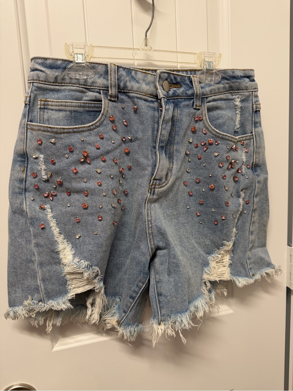 Women’s High-Waist Light Blue Denim Shorts with Pink and Silver Embellishments